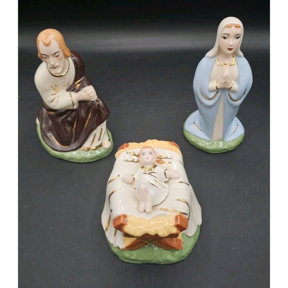 Vtg Holland Mold Nativity Holy Family Jesus Mary Joseph Ceramic Gold Accents